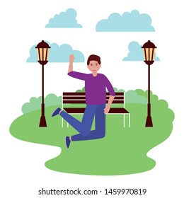 happy young man in the park with bench lamp post vector illustration