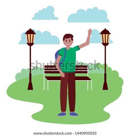 happy young man in the park with bench lamp post vector illustration