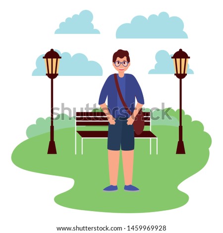 happy young man in the park with bench lamp post vector illustration