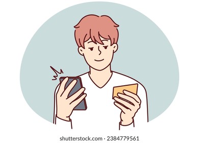 Happy young man paying online on cellphone with credit card. Smiling male shopping on internet on smartphone. Easy banking transaction. Vector illustration.