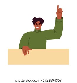 Glücklicher junger Mann, der guckt, mit erhobenem Finger nach oben zeigt, Handgeste. Handgezeichnete Vektorgrafik.