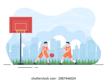 Happy Young Man Playing Basketball Flat Design Illustration Wearing Basket Uniform in Outdoor Court for Background, Poster or Banner