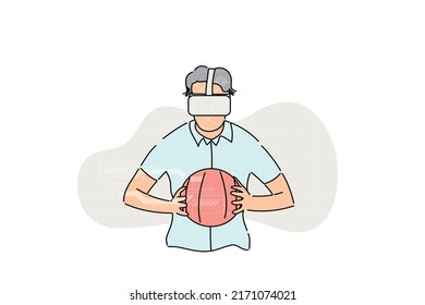 Happy young man playing basketball in virtual world. VR concept. Vector illustration design