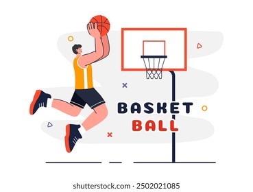 Happy Young Man Playing Basketball Vector Illustration Wearing a Basketball Uniform on an Court for Tournament in a Flat Style Design Background