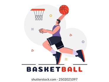 Happy Young Man Playing Basketball Vector Illustration Wearing a Basketball Uniform on an Court for Tournament in a Flat Style Design Background