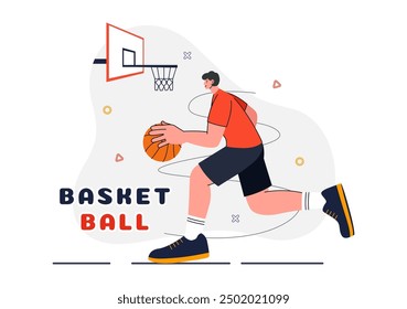 Happy Young Man Playing Basketball Vector Illustration Wearing a Basketball Uniform on an Court for Tournament in a Flat Style Design Background