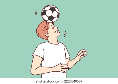 Happy young man playing football outdoors. Smiling guy with ball on head have fun enjoy sport activity. Vector illustration. 