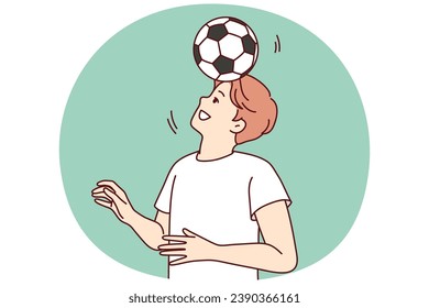 Happy young man playing football outdoors. Smiling guy with ball on head have fun enjoy sport activity. Vector illustration.
