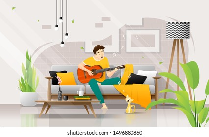 Happy young man playing guitar on sofa in living room, relaxing weekend at home ,vector , illustration