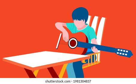 Happy young man playing guitar on chair in living room, relaxing weekend at home ,vector , flat illustration on red background as negative space vector.
