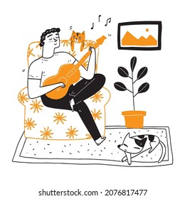 Happy young man playing guitar singing on sofa relaxing with pets, cats and dogs. Hand draw vector illustration.