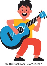 Happy young man playing guitar, perfect for music, entertainment, and artistic illustrations.