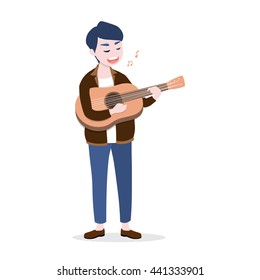  Happy young man playing the guitar and sing a song, Isolated on white background, Vector illustration.