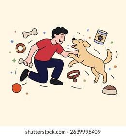 Happy young man playing joyfully with his golden dog surrounded by toys and pet supplies