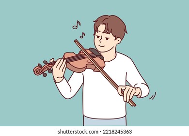 Happy young man playing on violin enjoying music. Smiling guy play on musical instrument. Hobby and entertainment. Vector illustration. 