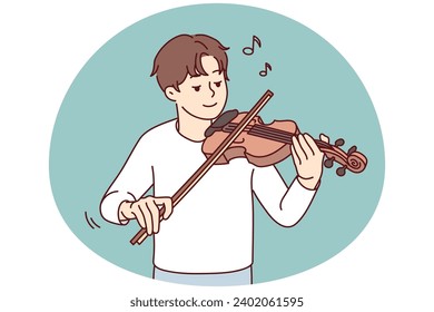 Joven feliz tocando violín disfrutando de la música. Un tipo sonriente toca el instrumento musical. Hobby y entretenimiento. Ilustración vectorial.