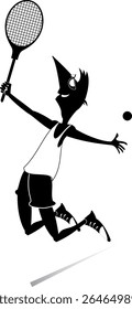 Jovem feliz jogando tênis. 
Quadra de tênis. Saltando homem com raquete de tênis feliz para fazer um bom tiro. Ilustração em preto e branco
