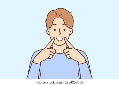 Happy young man point at healthy white teeth after dental treatment. Overjoyed guy demonstrate great smile recommend dentistry services. Oral care. Vector illustration. 