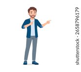 Happy Young Man Pointing Both Hands Sideways with Blue Jacket and Gray Pants on Isolated Background