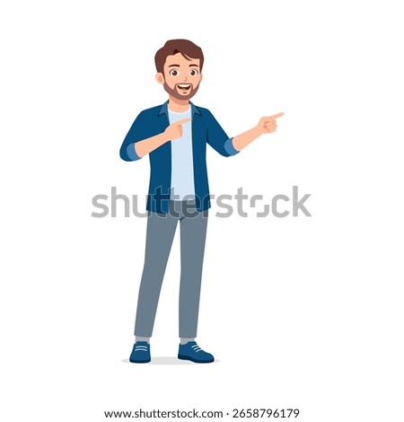 Happy Young Man Pointing Both Hands Sideways with Blue Jacket and Gray Pants on Isolated Background