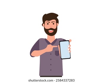 happy young man pointing finger and showing smartphone vector, illustration.