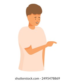 Happy young man is pointing his finger to the side while smiling and explaining something