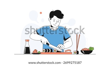 Happy young man preparing and cutting homemade sushi rolls with a sharp knife in a bright, modern kitchen illustration.