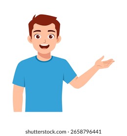Happy young man present something isolated with smiling expression in illustration style
