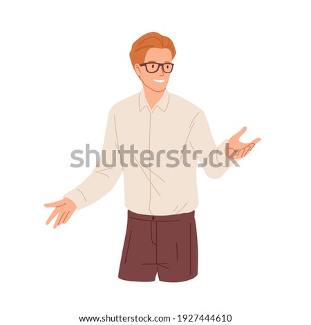 Happy young man presenting and explaining smth. Confident smiling businessman in eyeglasses gesturing with hands during presentation. Colored flat vector illustration isolated on white background Foto stock © 