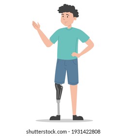 Happy young man with a prosthetic leg vector isolated. Illustration of young adult wearing a prosthesis. Handicapped person, male character with artificial limb. svg