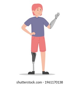 Happy young man with prosthetic leg and arm vector isolated. Illustration of young adult wearing a prosthesis. Handicapped person, male character with artificial limbs. svg