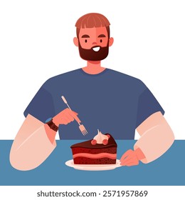 A happy young man put a fork over a chocolate cake in anticipation. A person enjoys tasty, fatty and high-calorie junk food with pleasure. Vector flat illustration isolated on white background