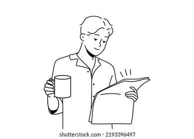 Happy young man in pyjama drinking coffee reading newspaper. Smiling male enjoy morning at home. Daily routine. Vector illustration. 