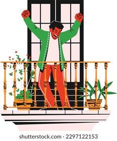 Happy young man with raised hands standing on balcony. Vector illustration.