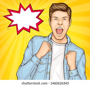 Happy young man raising hands in yes gesture celebrating success, guy excited by good news, lucky successful winner, speech bubble, Vector Illustration on yellow background, pop art retro comic style