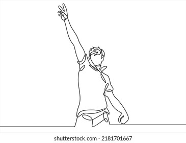 happy young man raising his hand-continuous one line