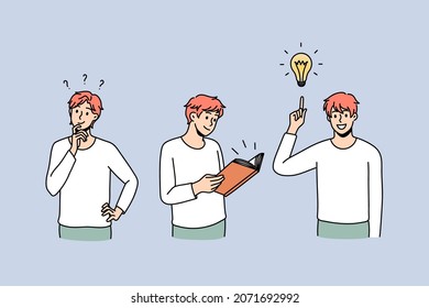 Happy young man read book study learn alone. Smiling guy find solution answer brainstorm over new business idea. Self-education, knowledge concept. Flat vector illustration. 
