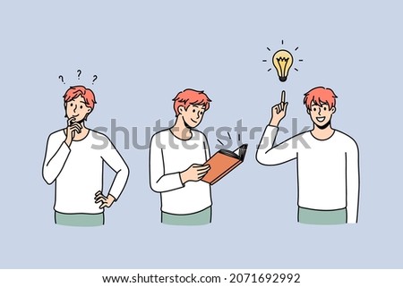 Happy young man read book study learn alone. Smiling guy find solution answer brainstorm over new business idea. Self-education, knowledge concept. Flat vector illustration. 