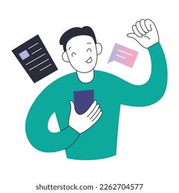 Happy young man reading good news using his smartphone, raising hand, fist in yes gesture, reading a post in social media feed, smiling male cartoon character, vector illustration