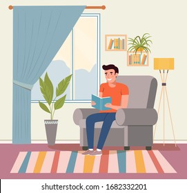 Happy young man is relaxing on comfortable chair and reading book. Vector flat illustration