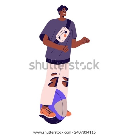 Happy young man rides on electric mono wheel on walking. Cheerful guy drives balancing monowheel. Urban eco transport, alternative vehicle. Active leisure. Flat isolated vector illustration on white
