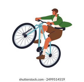Happy young man riding bicycle, performing extreme trick on bike, front wheel hop. Cool cyclist in helmet. Bicyclist, cycling, sport activity. Flat vector illustration isolated on white background