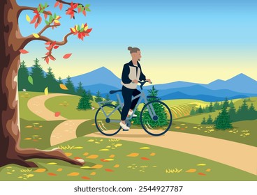 Happy young man riding a bicycle in the autumn park. Sports and recreation. Healthy lifestyle. Flat vector illustration.