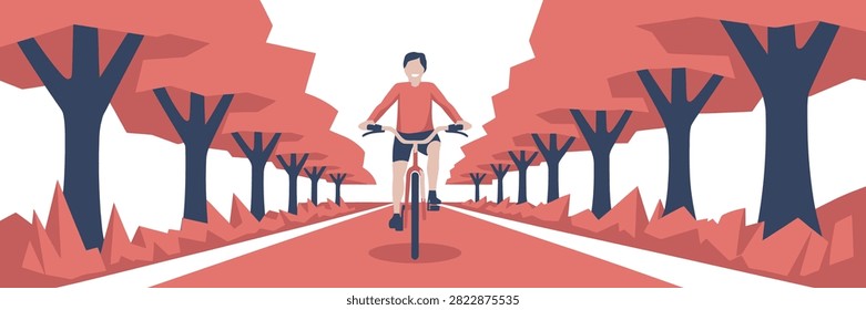 Happy young man riding a bicycle down a beautiful path lined with stylized red and blue autumn trees in a minimalist flat vector illustration designed with a clean modern aesthetic.