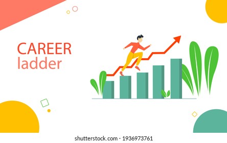 Happy young man running up the career ladder. Modern vector illustration. Landing page template. Business and commerce concept.
