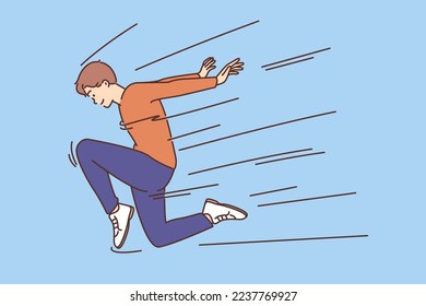 Happy young man running fast. Smiling guy have fun dancing. Hobby and entertainment. Vector illustration. 