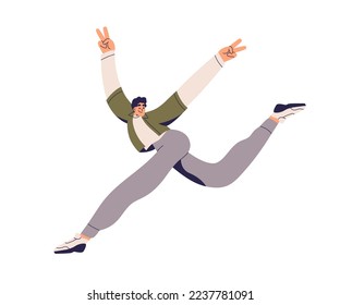 Happy young man running with positive emotion. Excited active free person feeling freedom, joy, gesturing peace sign. Lively character in motion. Flat vector illustration isolated on white background