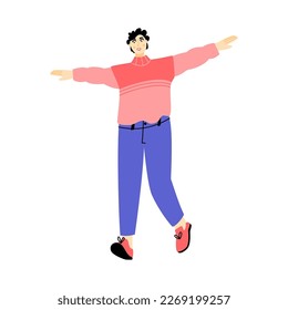Happy young man running with spread arms. Person having fun. Vector flat illustration on a white background