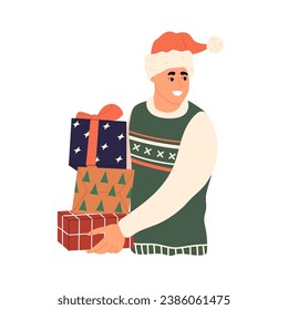 Happy young man in Santa Claus hat holding stack of Christmas gift boxes in hands. Smiling guy in sweater carrying pile Xmas wrapped presents. Flat vector illustration isolated on white background