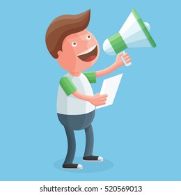 Happy young man screaming into a megaphone in his hands. Funny businessman character holding loudspeaker. Colorful flat vector illustration